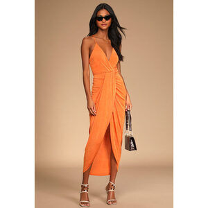 Lulus Dreamy Date Orange Surplice Midi Dress - BRAND NEW, NEVER WORN**